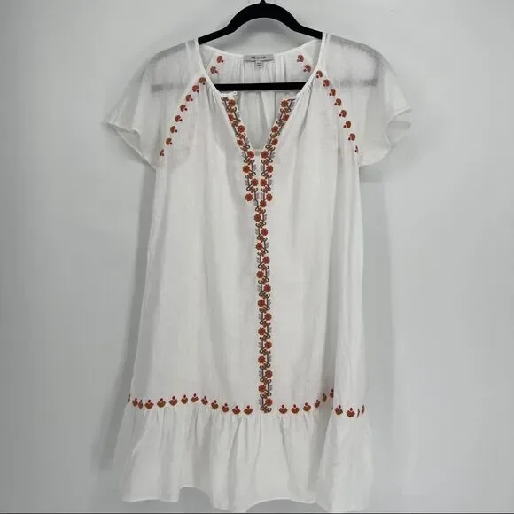 Madewell Embroidered Linen-Blend Raglan Ruffle Mini Dress